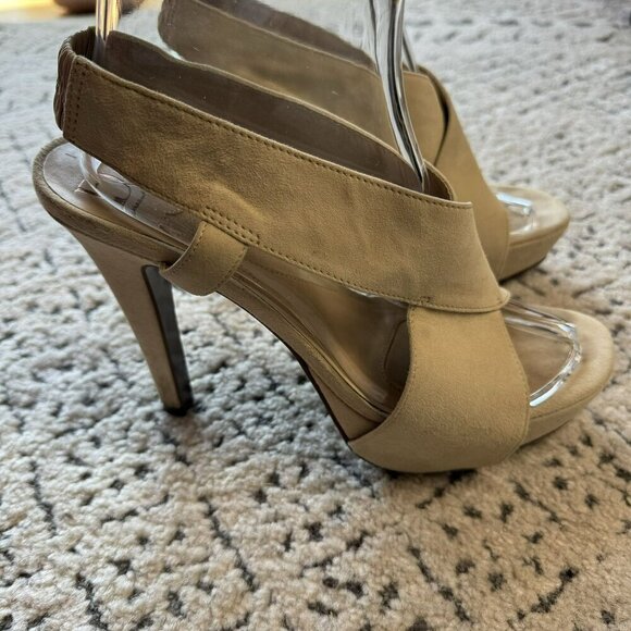 Diane Von Furstenberg Beige Suede Peep-Toe Heels 4.5" Stiletto‎ Sandals Size 8.5 - Picture 12 of 14
